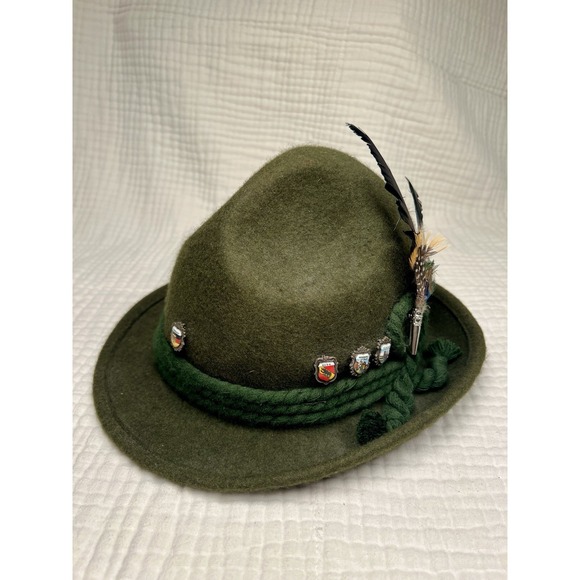 Accessories - Vtg German Alpine Wool Hat Sz 57 (7 1/8) 8 Pins incl Hofbräuhaus + Feather Plume